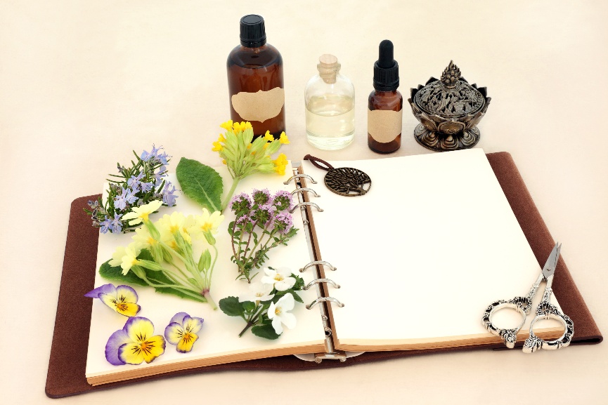 Herbalist's workspace with an open notebook, fresh herbs, and bottles of essential oils on a beige background.